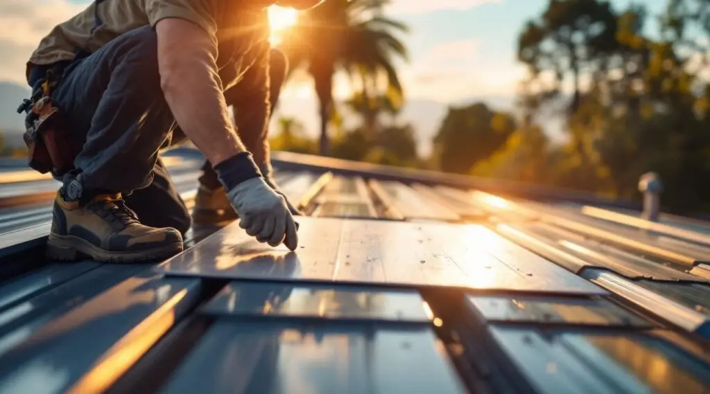 Commercial standing seam metal roof installation on a Midvale facility with technicians securing panels.