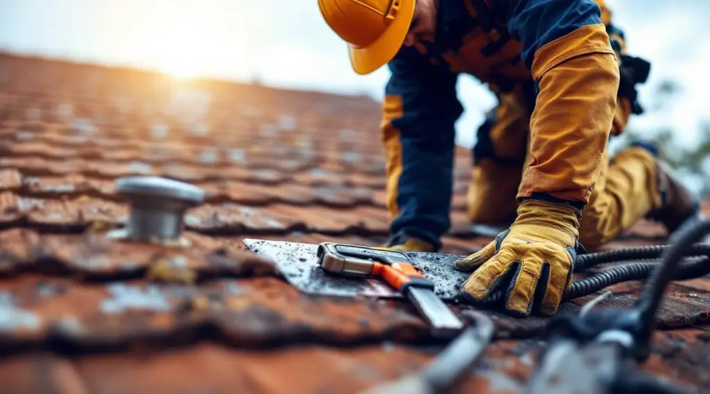 A roofing specialist carefully inspecting asphalt shingles on a residential home in Midvale.