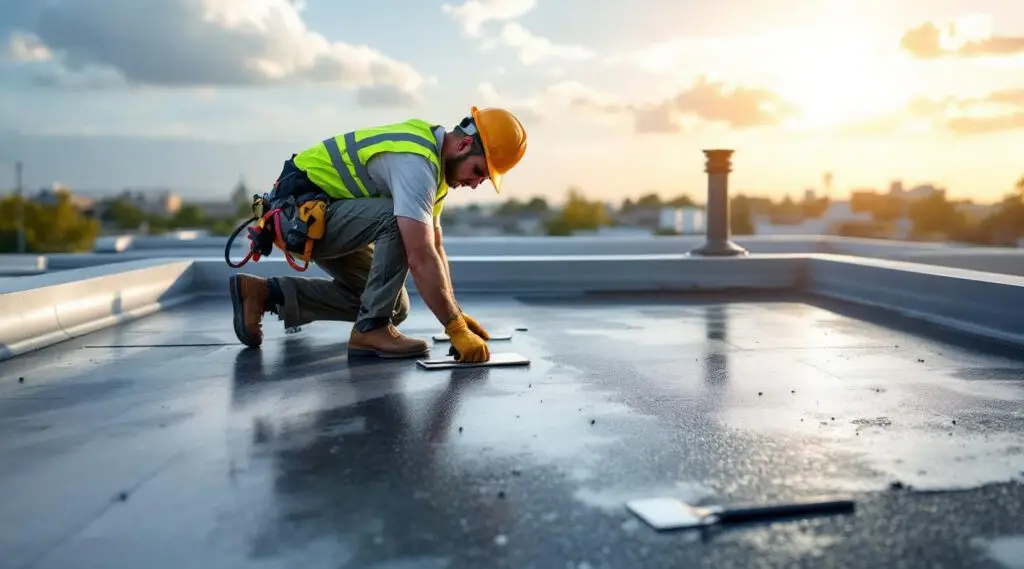 Professional roofers installing a black EPDM rubber membrane on a flat commercial roof in Midvale, Utah.