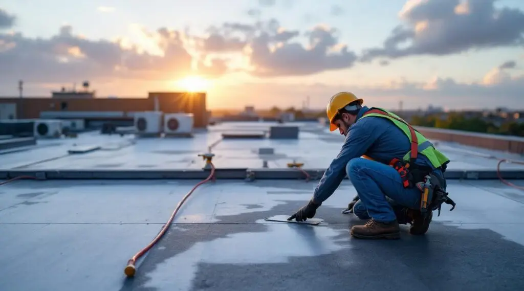 Roofing crew heat-welding a durable white TPO membrane on a flat commercial roof in Midvale, Utah.