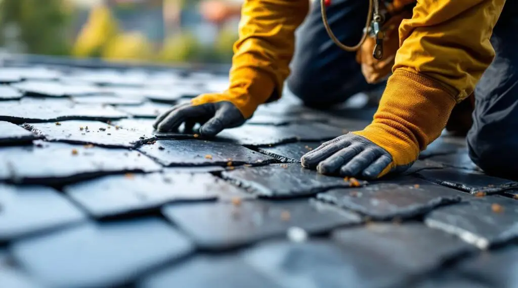 Natural gray slate tiles being installed on a steep-slope commercial roof in Midvale Utah under warm afternoon light.