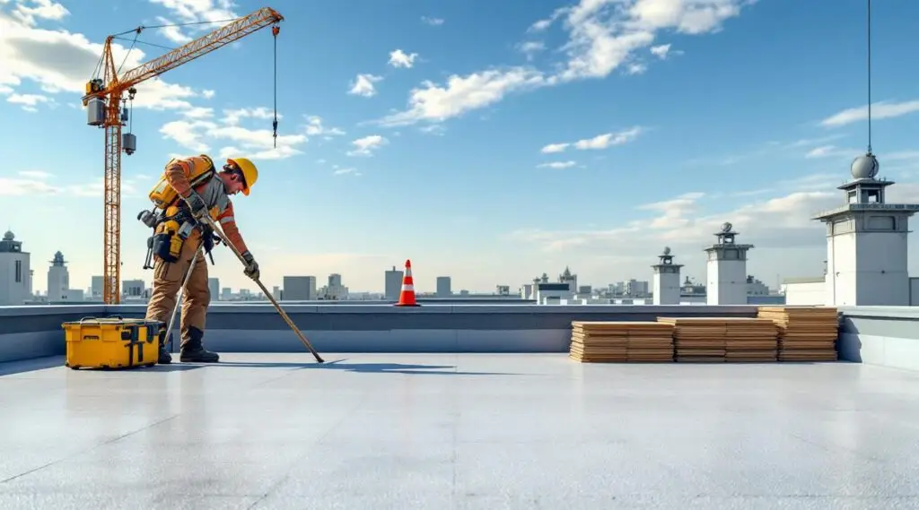 Roofing crew heat-welding a white TPO flat roof membrane on a commercial facility in Midvale under a bright sky.