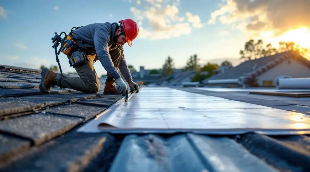 Professional roofing crew installing clean architectural shingles on a suburban Midvale home under a bright afternoon sky.