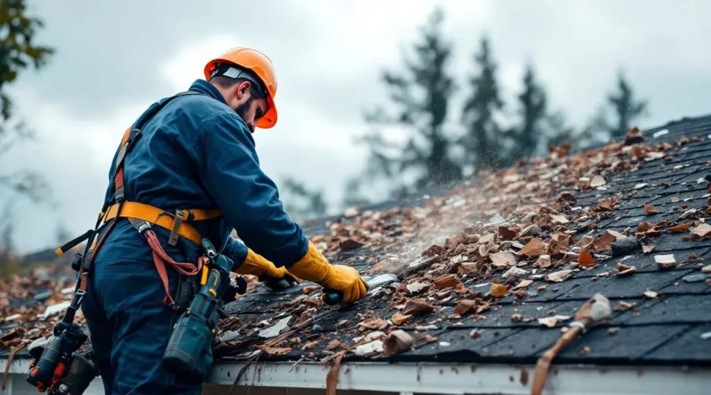 A professional roofing crew securing a storm-damaged asphalt shingle roof with a protective tarp in Midvale, Utah.