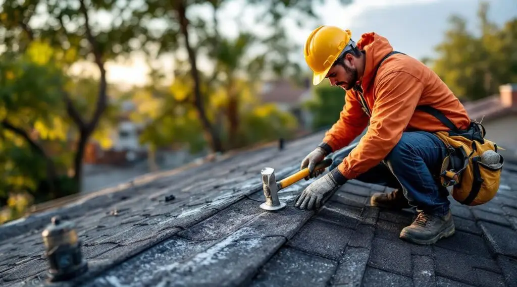 A professional roofer carefully replacing damaged asphalt shingles on a Midvale home under a bright Utah sky.