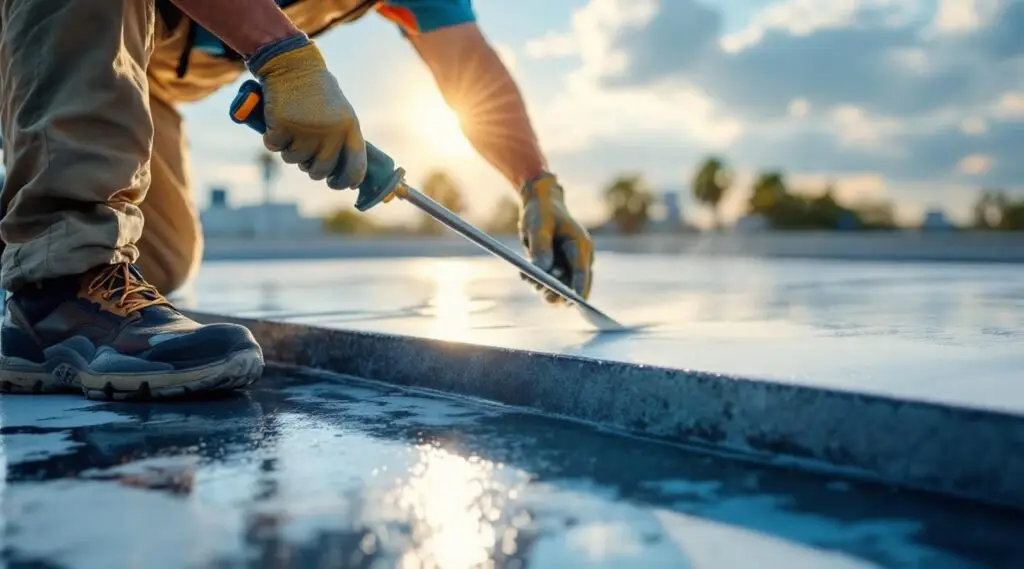 Silicone roof coating application on a commercial flat roof in Midvale, showing a reflective membrane being sprayed.