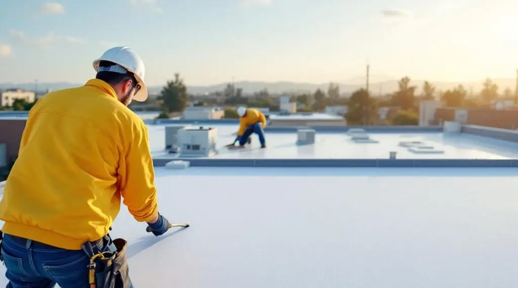 Commercial roofing crew heat-welding white TPO membrane seams on a flat roof in Midvale under clear Utah skies.