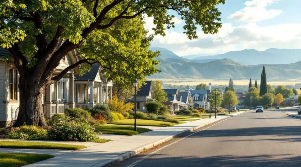 A residential street in Riverton, Utah, showing architectural shingle roofs with the Wasatch Range in the background.