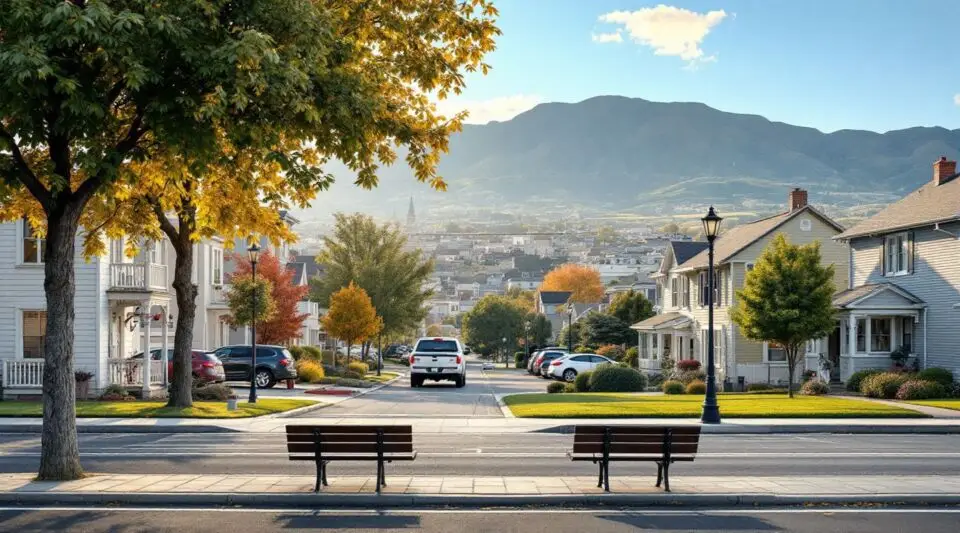 A service vehicle parked on a residential street in Sandy, Utah, with the snow-capped Wasatch Range in the background.
