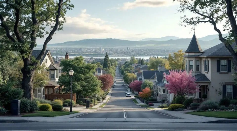 A residential street in Herriman, Utah, showing modern multi-gabled roofs with the Oquirrh Mountains in the background.